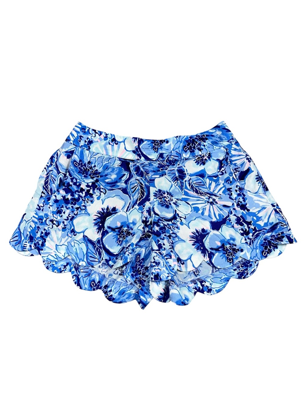 LILLY PULITZER DAHLIA SCALLOPED shorts vibrant blue floral elastic waist SMALL